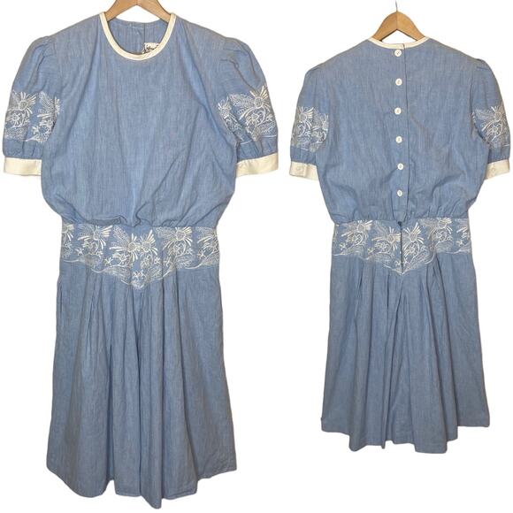Jeffrey & Dara Vintage Puff Sleeve Floral Embroidered Cottagecore Dress - Picture 1 of 6